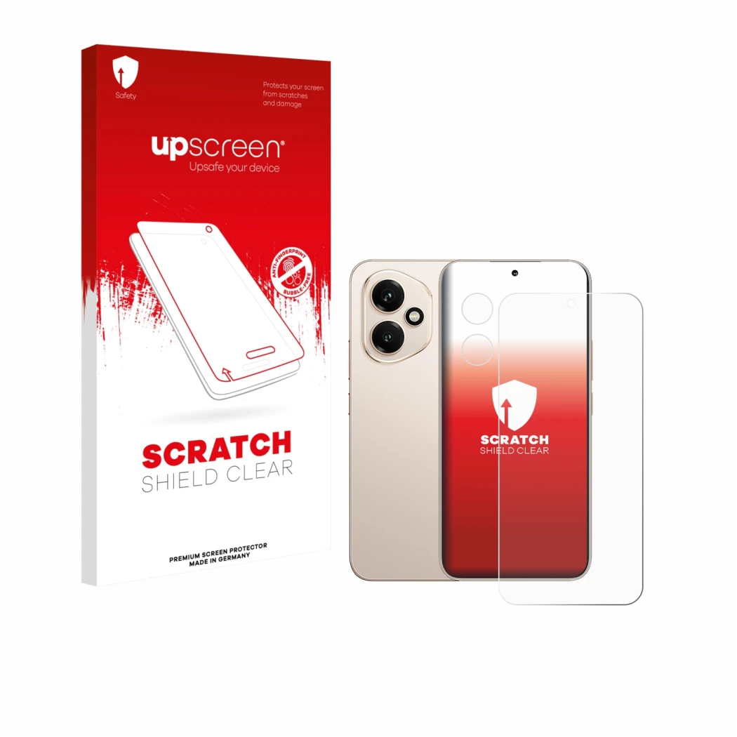 Front side of a product packaging with the brand logo upscreen. Next to it is the device Honor 400 (Front+Camera) shown with t
