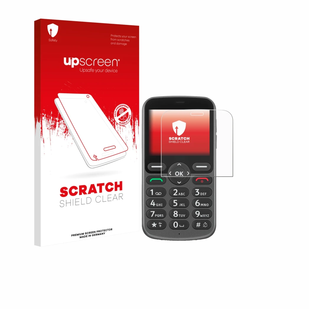 Front side of a product packaging with the brand logo upscreen. Next to it is the device Doro 1380 shown with the correspondin