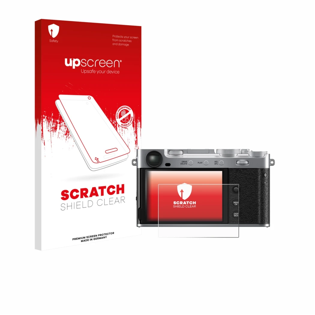 Front side of a product packaging with the brand logo upscreen. Next to it is the device Fujifilm X-E5 shown with the correspo