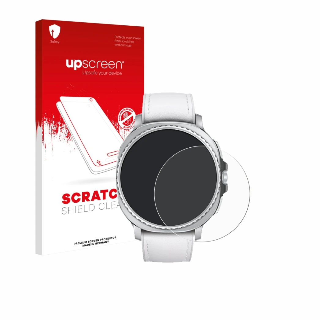 Front side of a product packaging with the brand logo upscreen. Next to it is the device Samsung Galaxy Watch 8 Classic (46 mm