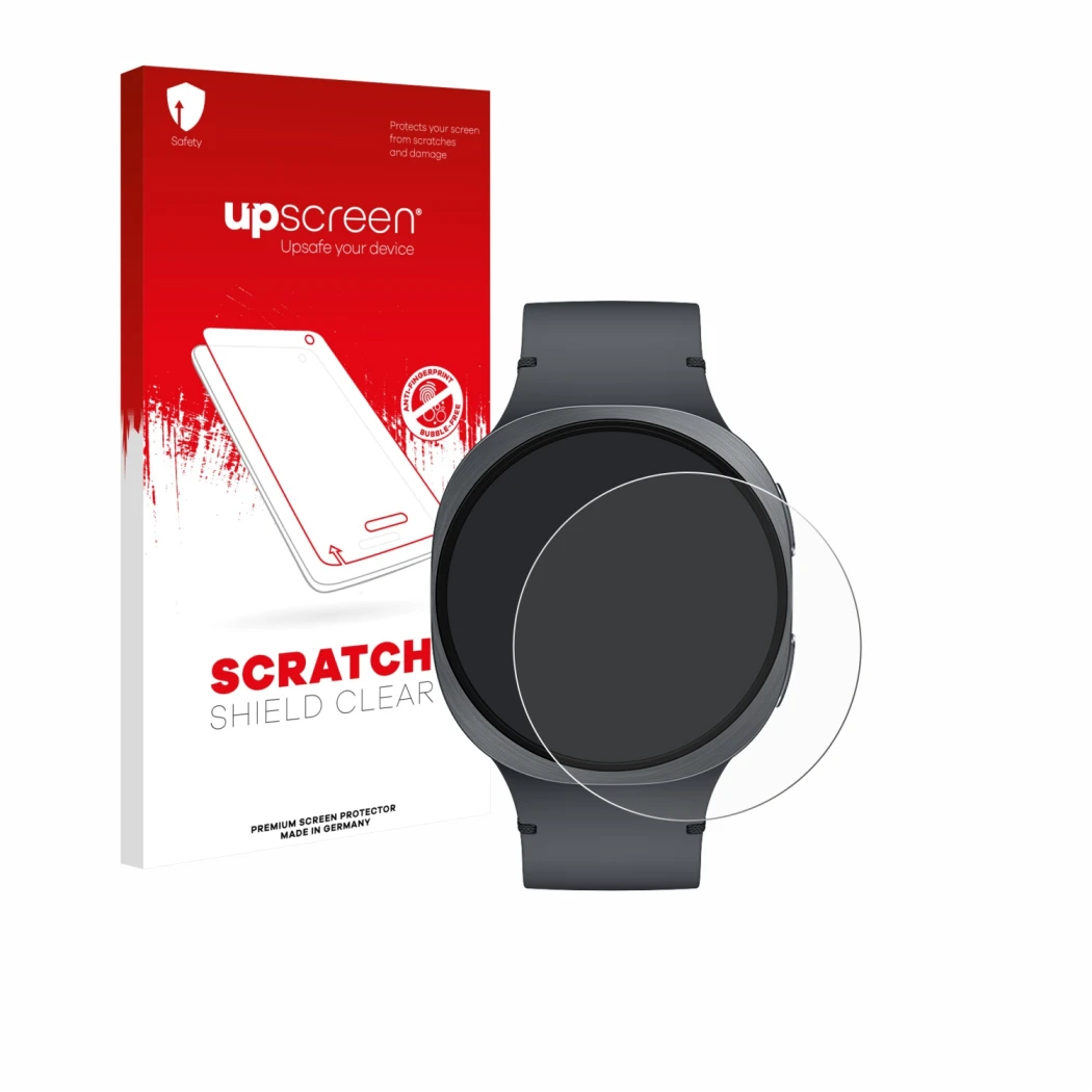 Front side of a product packaging with the brand logo upscreen. Next to it is the device Samsung Galaxy Watch 8 (44 mm) shown 