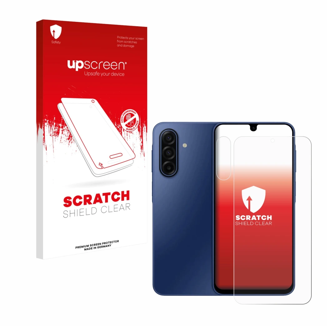 Front side of a product packaging with the brand logo upscreen. Next to it is the device Samsung Galaxy A17 5G (Front+Camera)