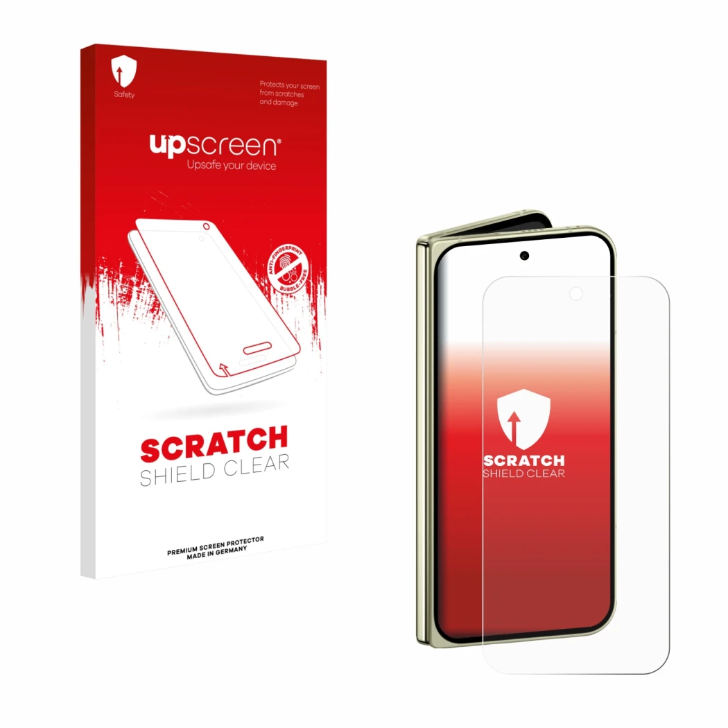 Front side of a product packaging with the brand logo upscreen. Next to it is the device Google Pixel 10 Pro Fold shown with t