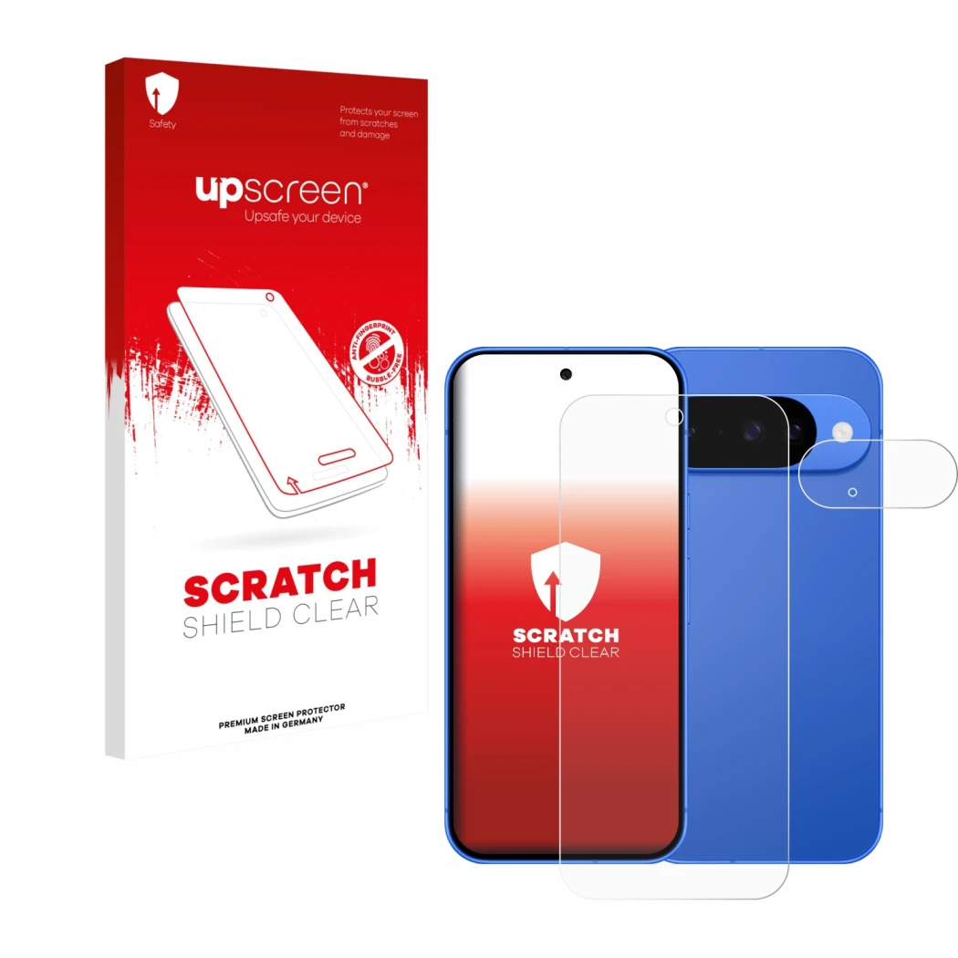 Front side of a product packaging with the brand logo upscreen. Next to it is the device Google Pixel 10 (Front+Camera) shown 