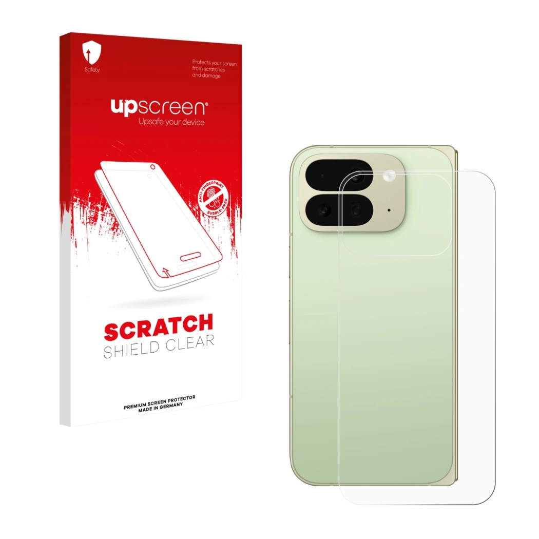 Front side of a product packaging with the brand logo upscreen. Next to it is the device Google Pixel 10 Pro Fold (Back) shown
