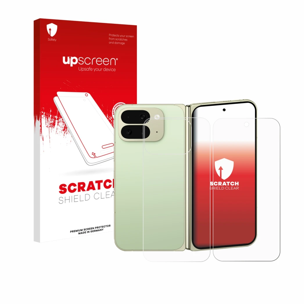 Front side of a product packaging with the brand logo upscreen. Next to it is the device Google Pixel 10 Pro Fold (Front+Back)