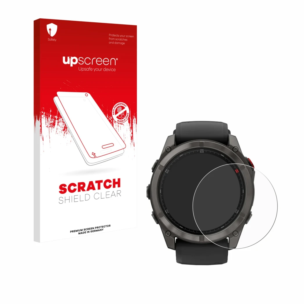 Front side of a product packaging with the brand logo upscreen. Next to it is the device Garmin Fenix 8 Pro MicroLED (51 mm) s