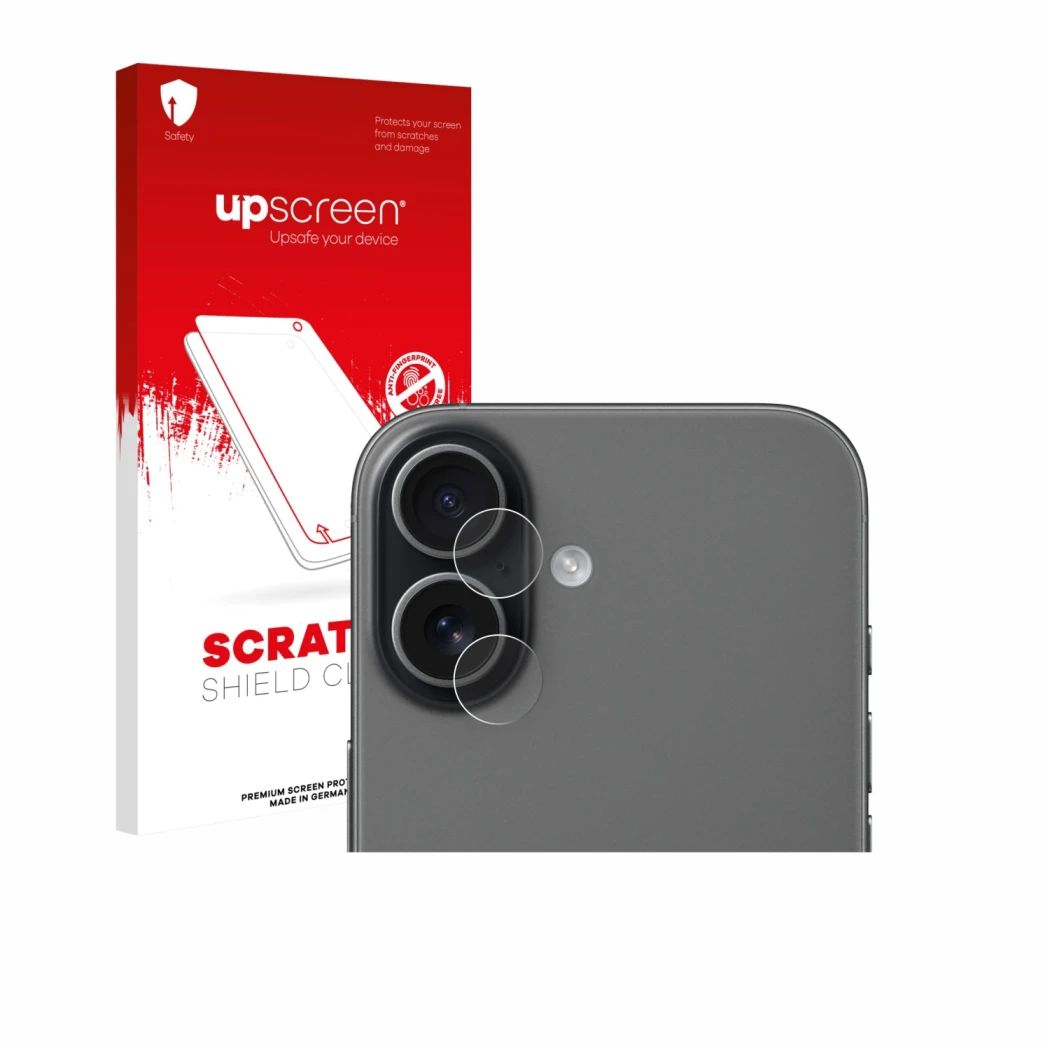 Front side of a product packaging with the brand logo upscreen. Next to it is the device Apple iPhone 17 (ONLY Camera Lens) sh