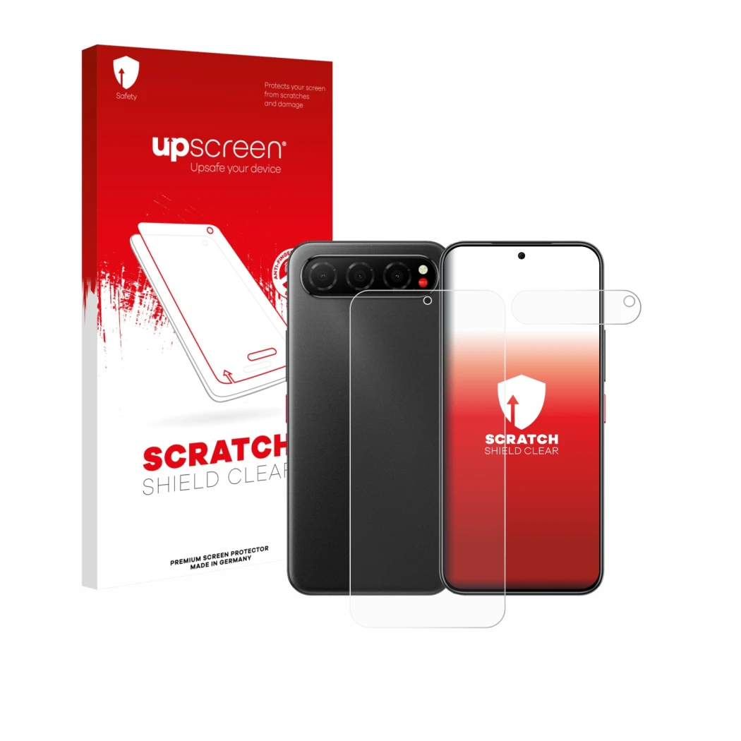 Front side of a product packaging with the brand logo upscreen. Next to it is the device Nubia Air (Front+Camera) shown with t
