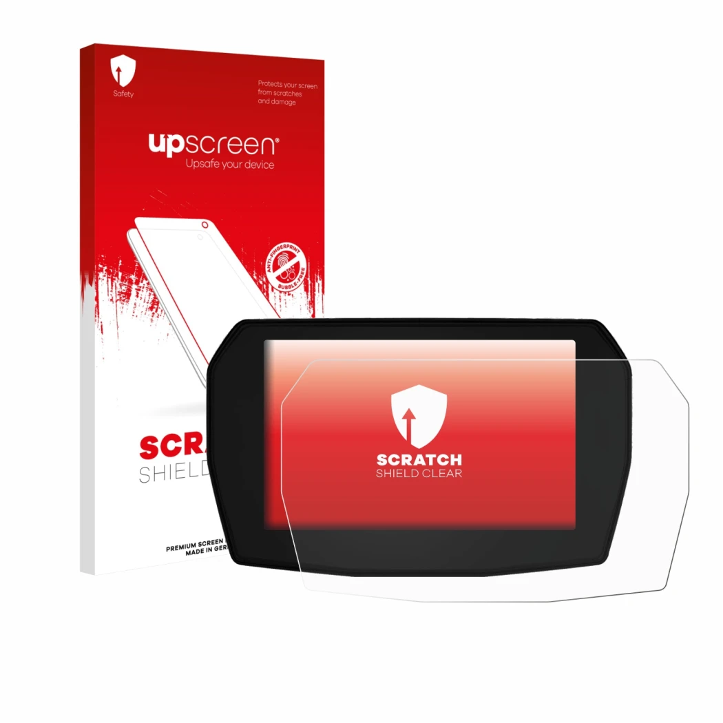 Front side of a product packaging with the brand logo upscreen. Next to it is the device Ducati Multistrada V2 2025 shown with