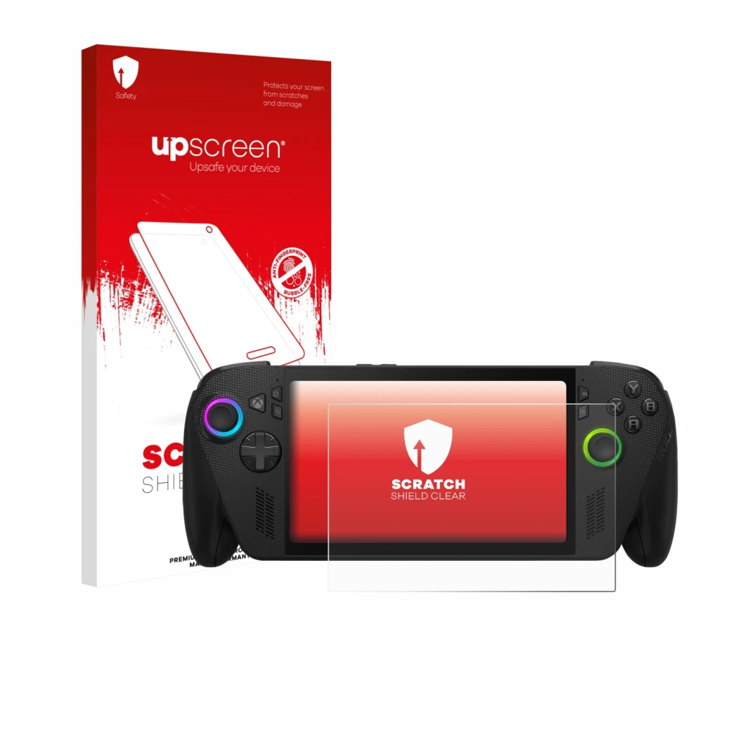 Front side of a product packaging with the brand logo upscreen. Next to it is the device ASUS ROG Xbox Ally X shown with the c