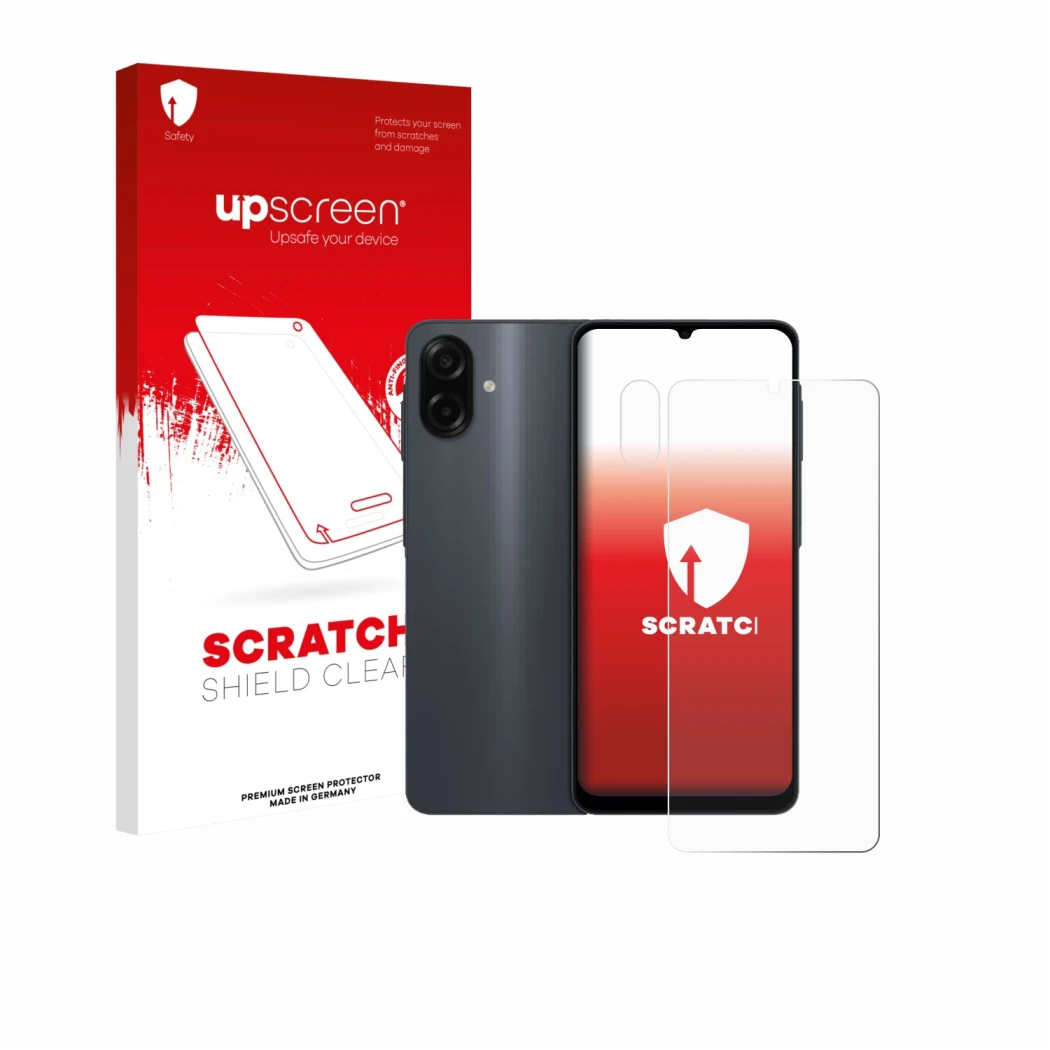 Front side of a product packaging with the brand logo upscreen. Next to it is the device Samsung Galaxy A07 (Front+Camera) sho