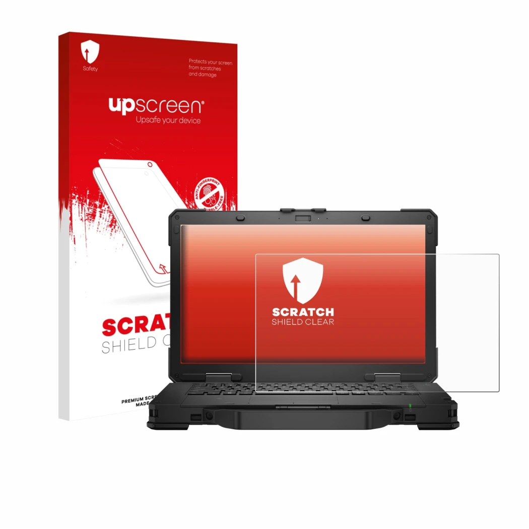 Front side of a product packaging with the brand logo upscreen. Next to it is the device Dell Pro Rugged 14 Laptop shown with