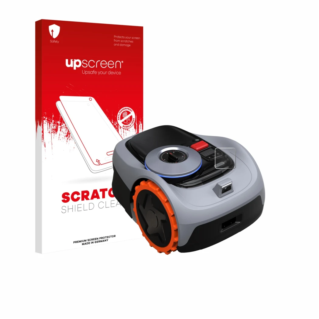 Front side of a product packaging with the brand logo upscreen. Next to it is the device Navimow i105E+ shown with the corresp