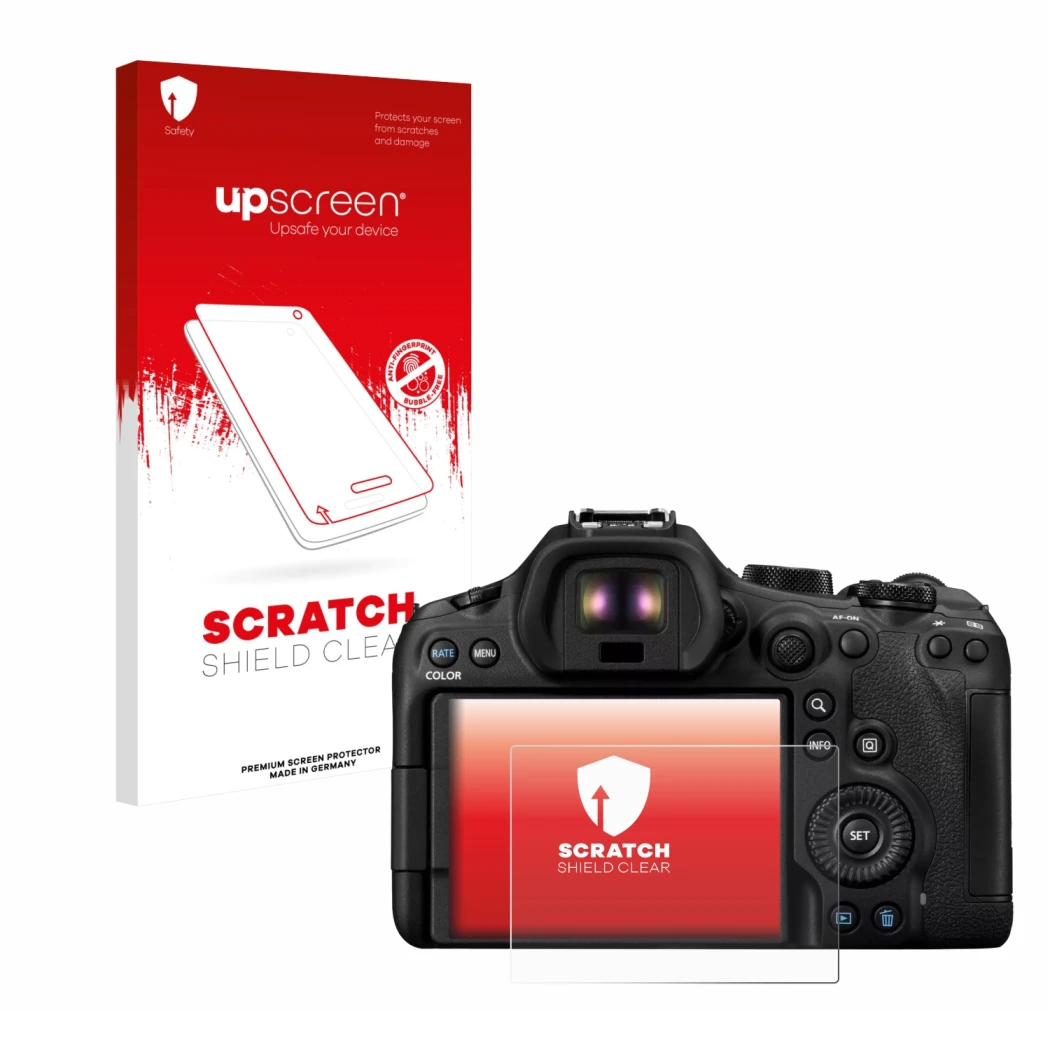 Front side of a product packaging with the brand logo upscreen. Next to it is the device Canon EOS R6 Mark III shown with the