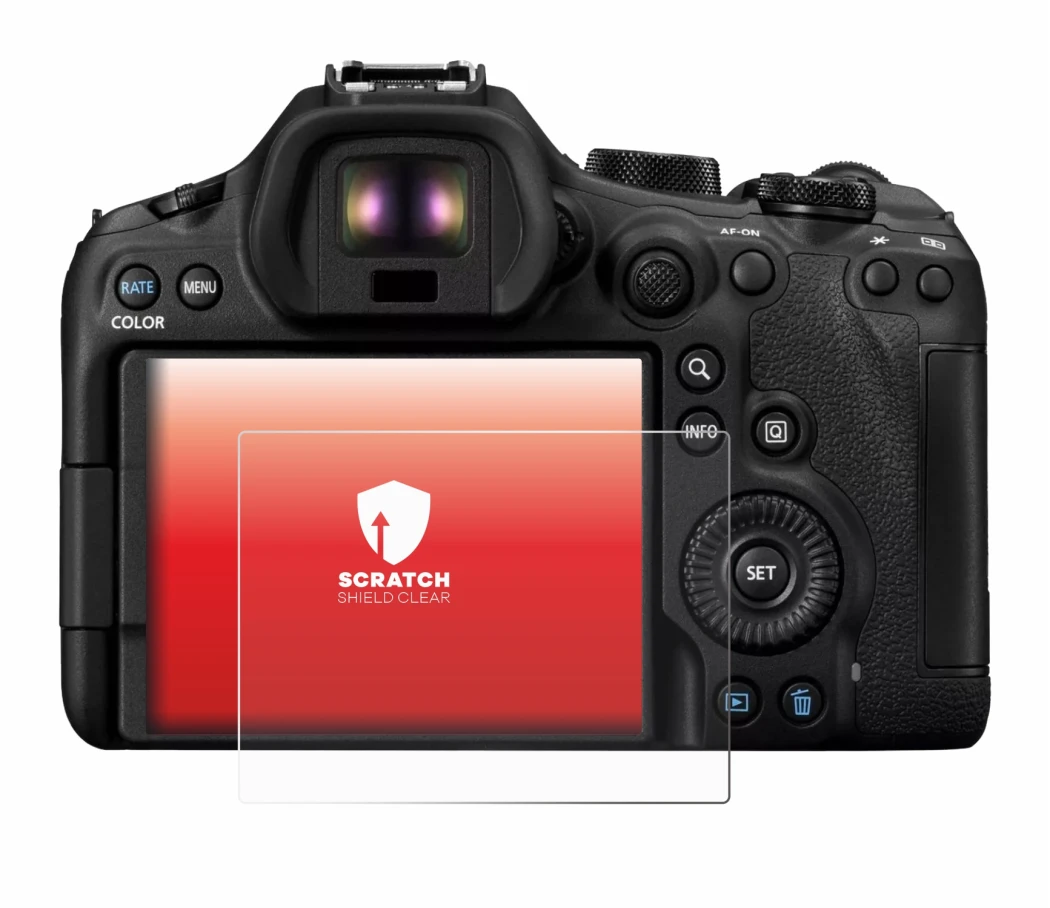 Image of the device Canon EOS R6 Mark III with a wide variety of screen protectors.