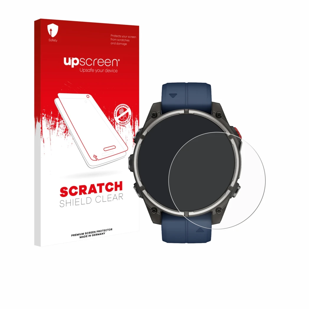 Front side of a product packaging with the brand logo upscreen. Next to it is the device Garmin quatix 8 Pro (47 mm) shown wit