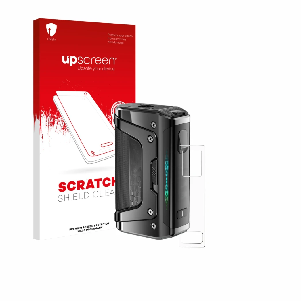 Front side of a product packaging with the brand logo upscreen. Next to it is the device GeekVape Aegis Legend 5 shown with th