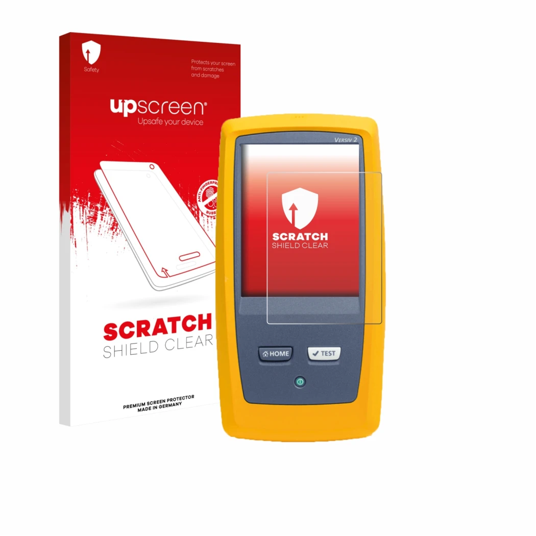 Front side of a product packaging with the brand logo upscreen. Next to it is the device Fluke DSX8000 shown with the correspo