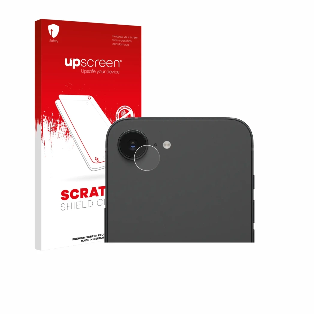 Front side of a product packaging with the brand logo upscreen. Next to it is the device Apple iPhone 17e (ONLY Camera Lens) s