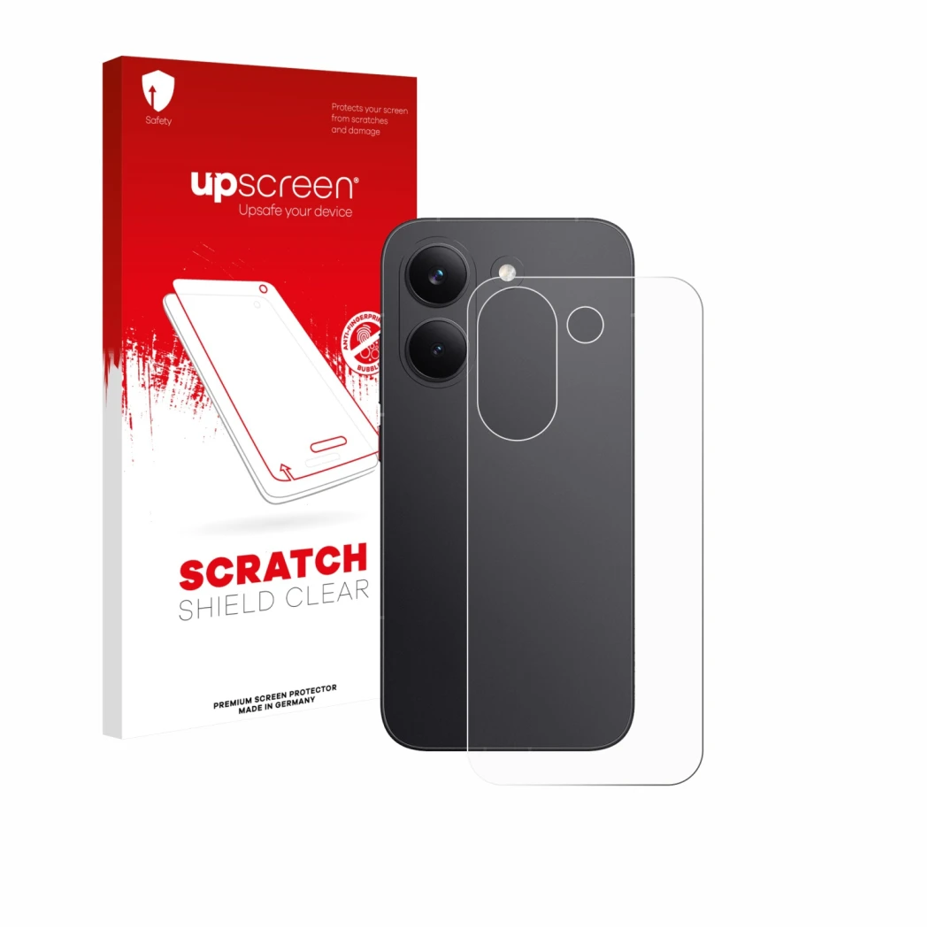 Front side of a product packaging with the brand logo upscreen. Next to it is the device Xiaomi Poco X8 Pro (Back) shown with 