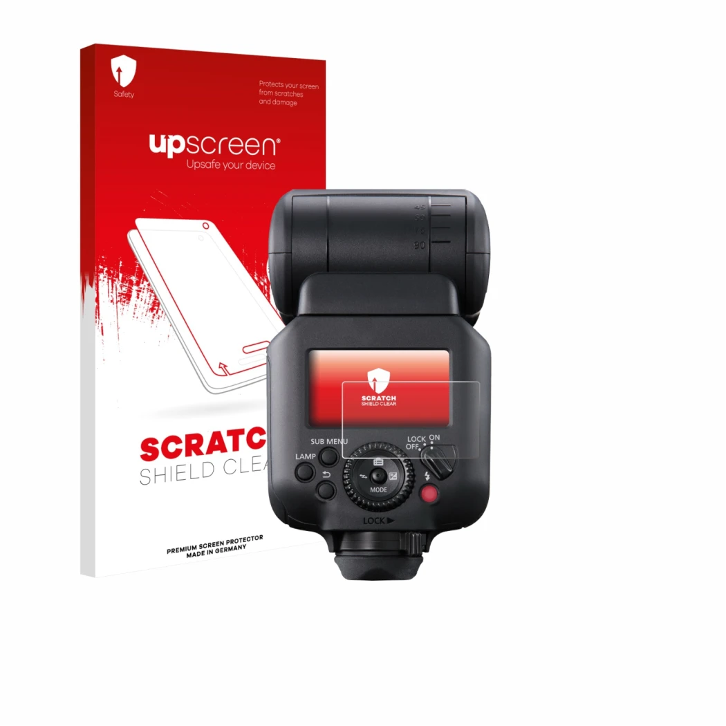 Front side of a product packaging with the brand logo upscreen. Next to it is the device Canon Speedlite EL-5 shown with the c