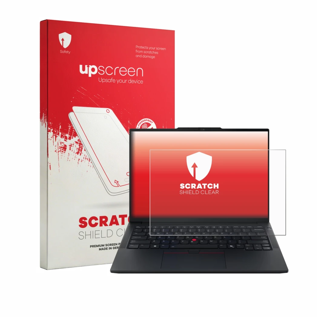 Front side of a product packaging with the brand logo upscreen. Next to it is the device Lenovo ThinkPad E14 Gen 8 shown with 