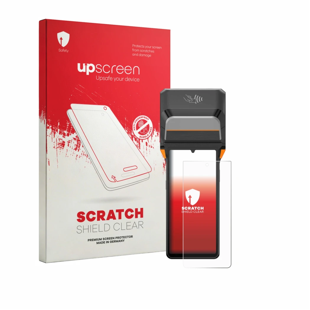 Front side of a product packaging with the brand logo upscreen. Next to it is the device Sunmi V3 Plus shown with the correspo