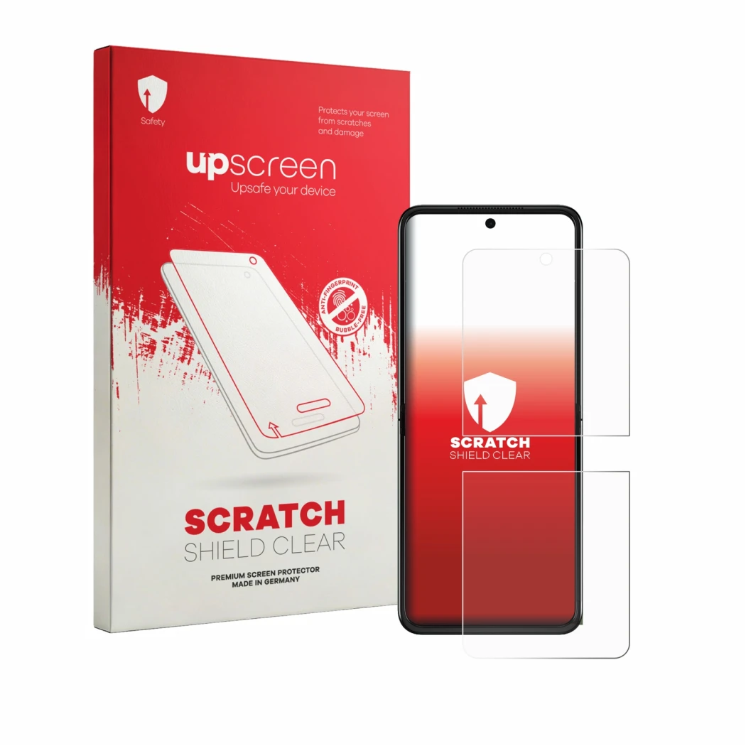 Front side of a product packaging with the brand logo upscreen. Next to it is the device Motorola Razr 70 Plus shown with the