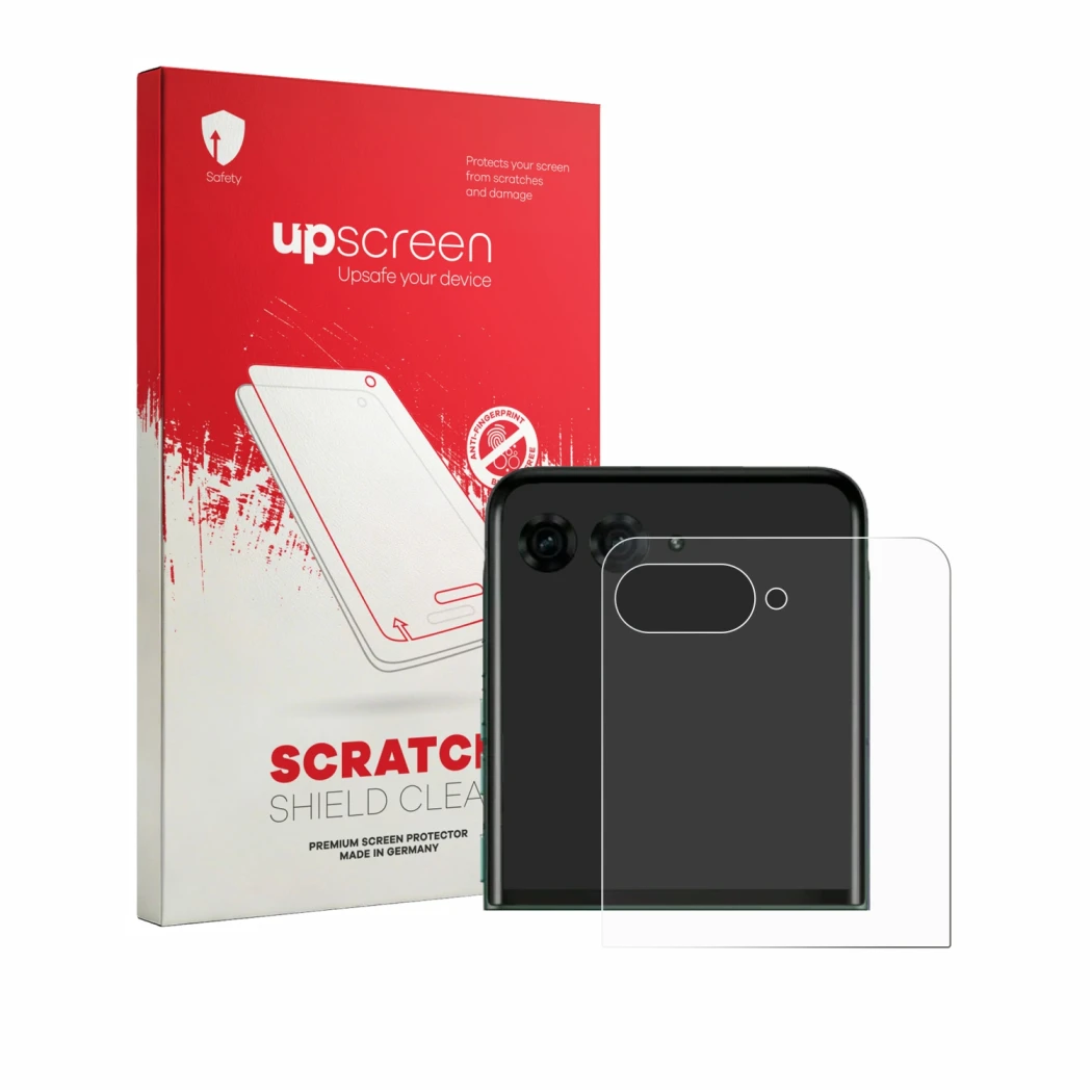 Front side of a product packaging with the brand logo upscreen. Next to it is the device Motorola Razr 70 Plus (Back display)