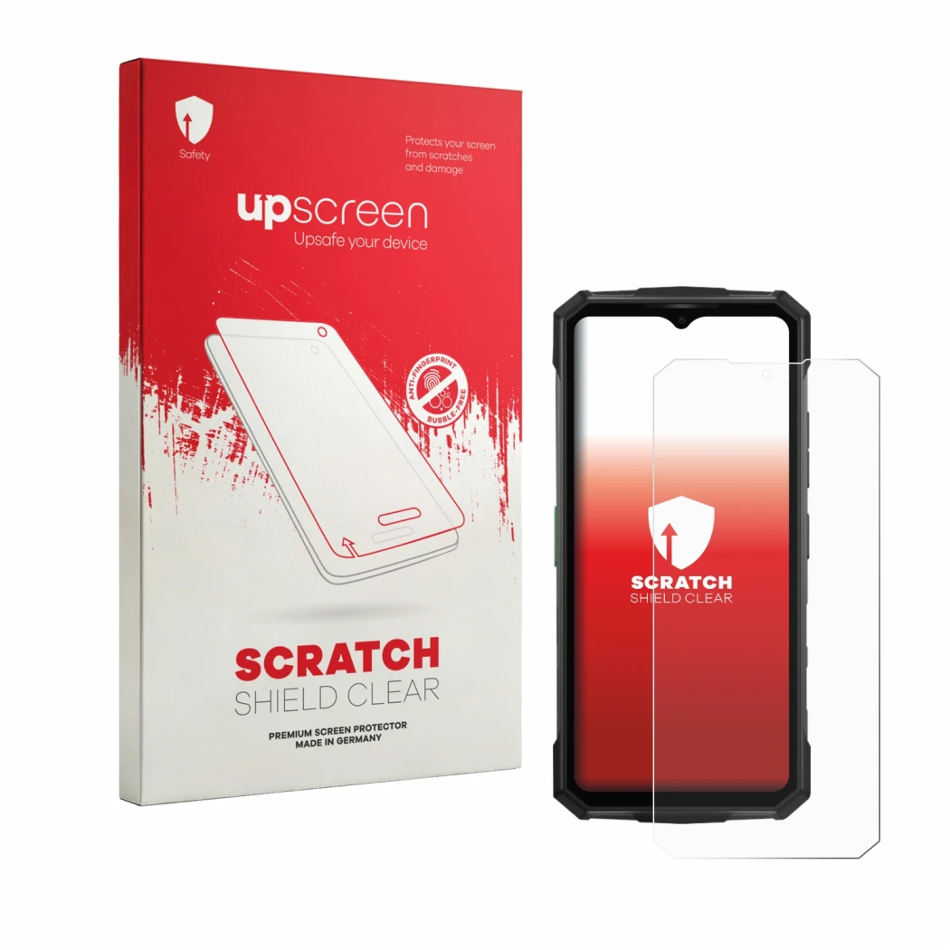 Front side of a product packaging with the brand logo upscreen. Next to it is the device Doogee Fire 7 Pro shown with the corr