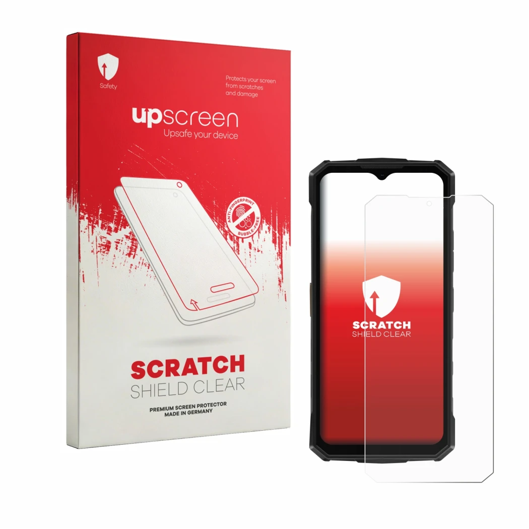 Front side of a product packaging with the brand logo upscreen. Next to it is the device Doogee Fire 5 Pro shown with the corr