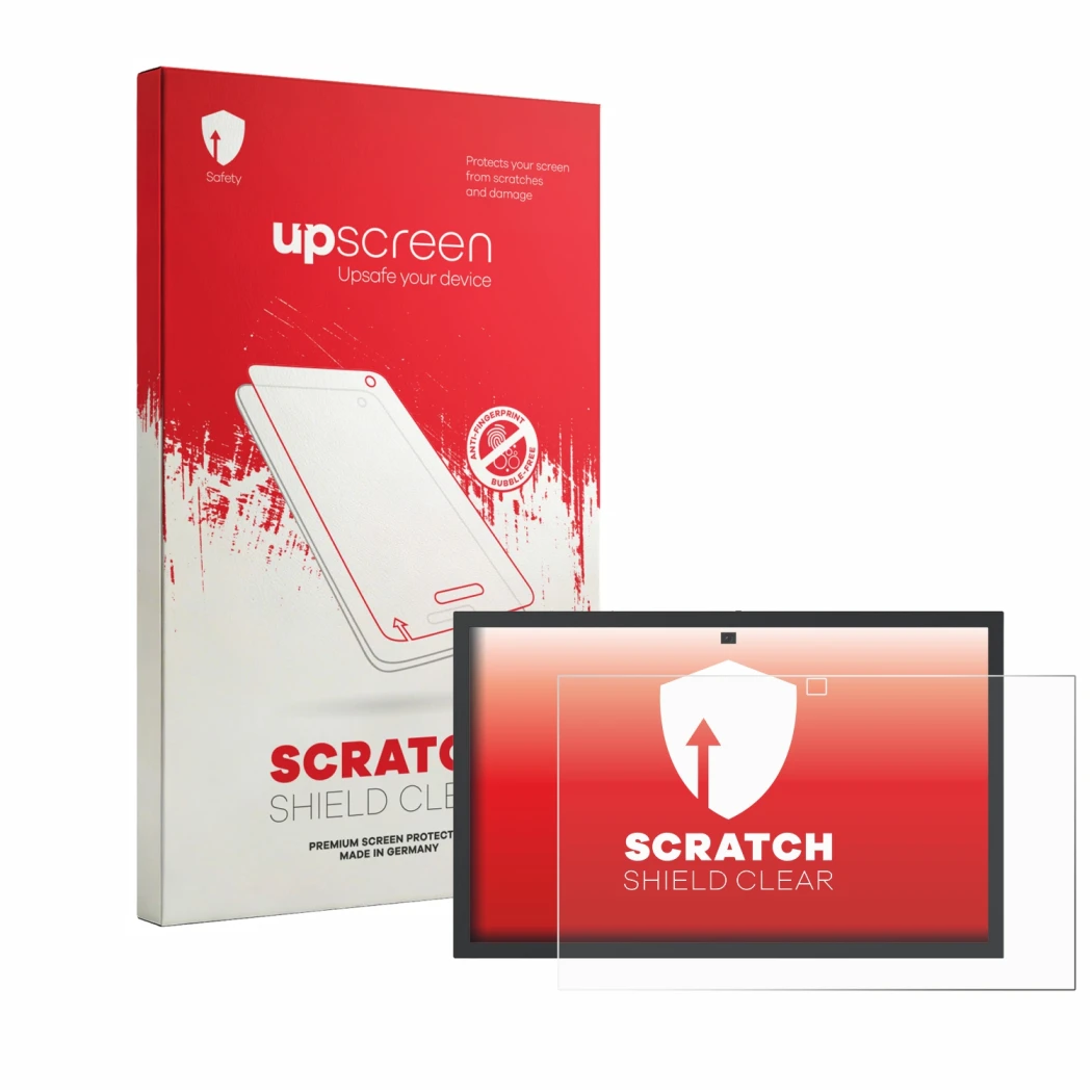 Front side of a product packaging with the brand logo upscreen. Next to it is the device Amazon Echo Show 21 shown with the co