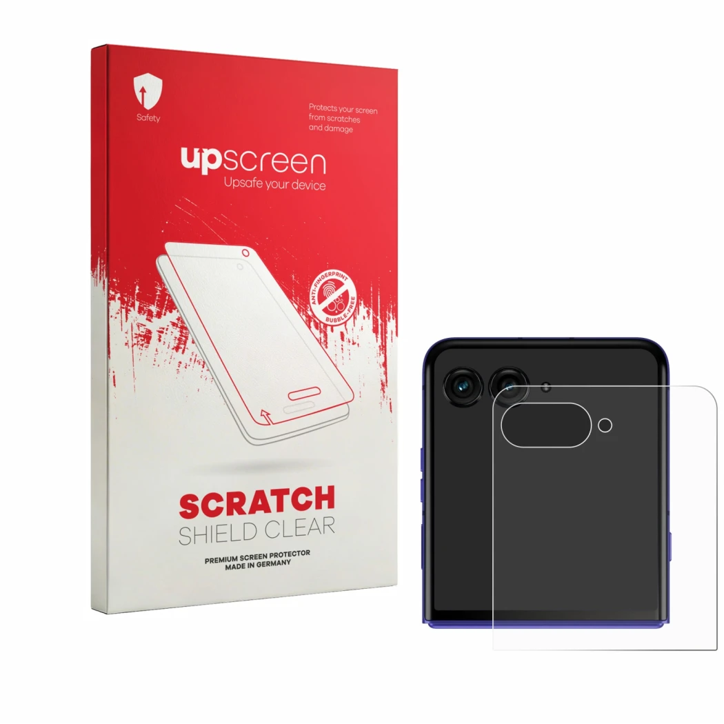 Front side of a product packaging with the brand logo upscreen. Next to it is the device Motorola Razr 70 Ultra (Back display)