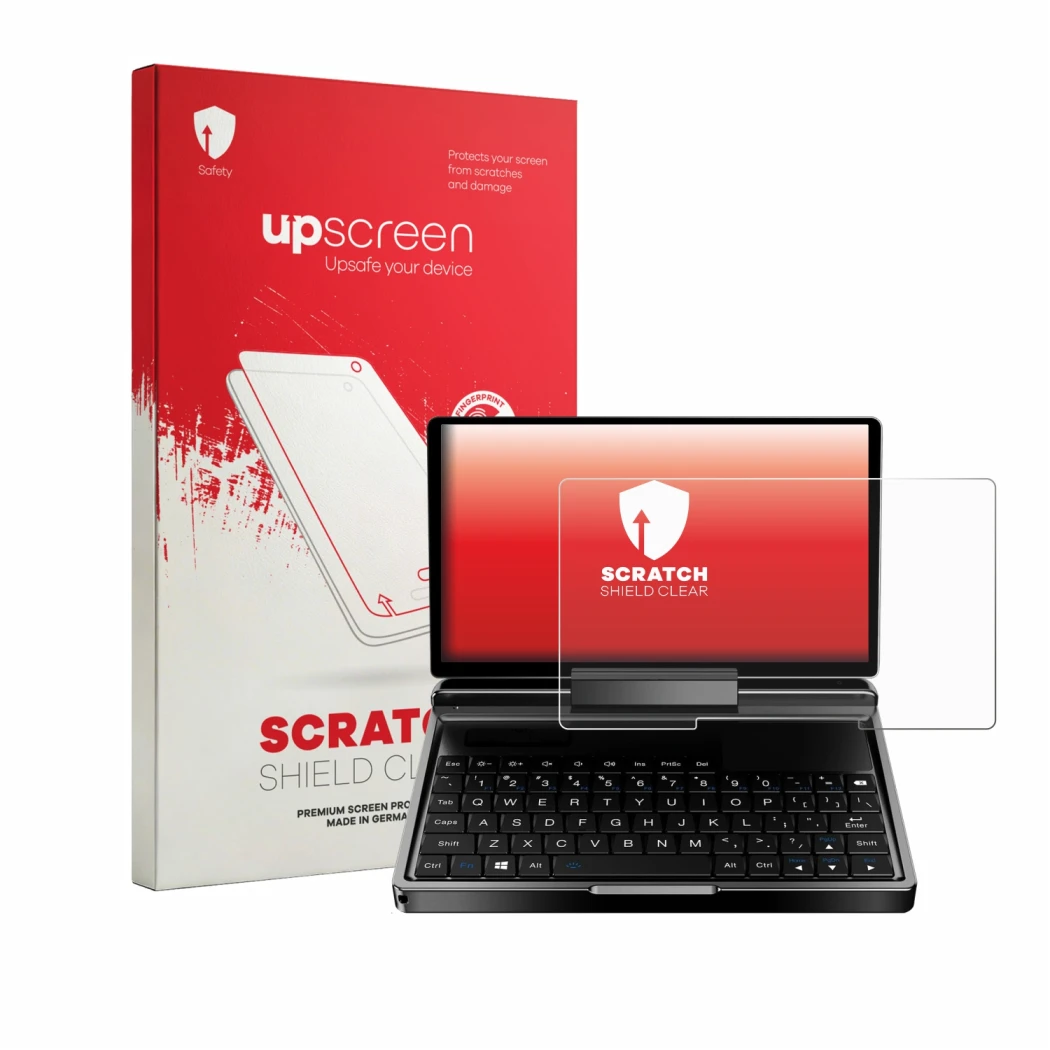 Front side of a product packaging with the brand logo upscreen. Next to it is the device GPD MicroPC 2 shown with the correspo