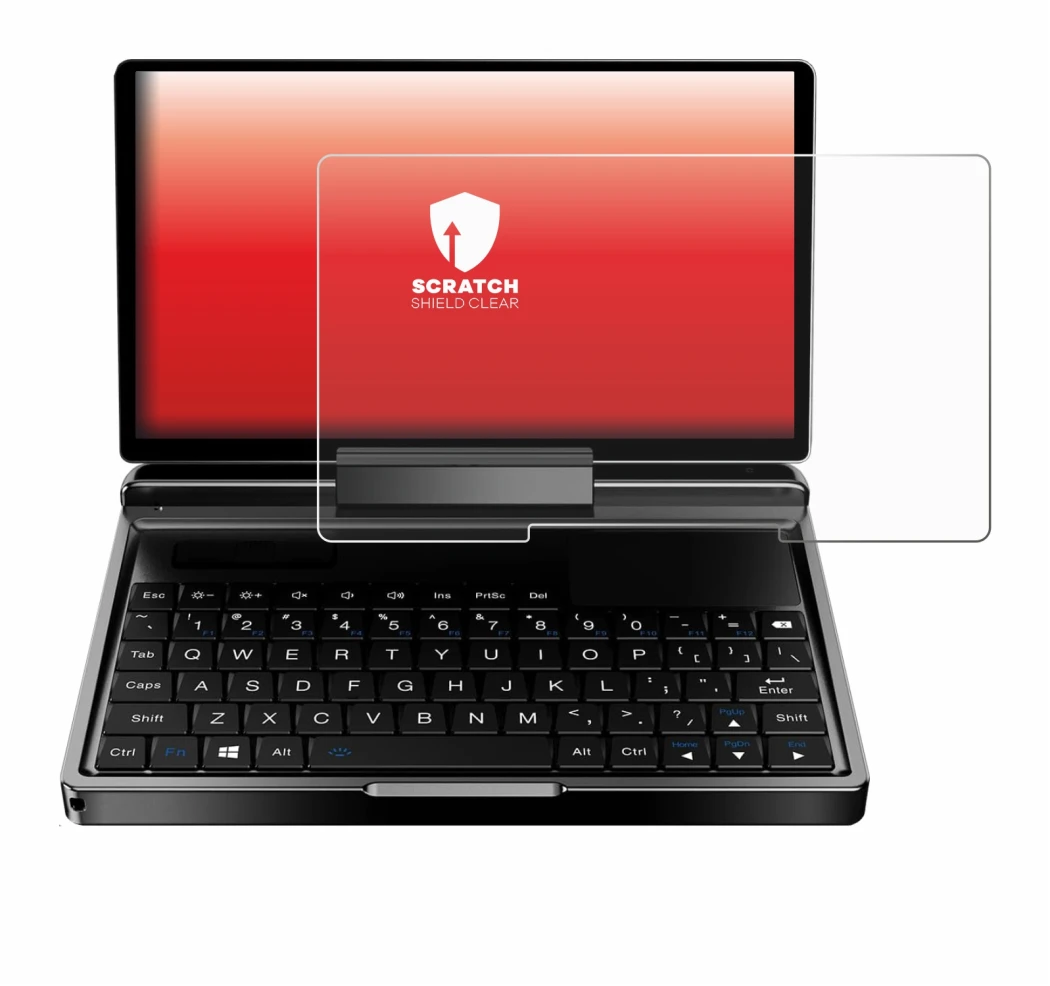 Image of the device GPD MicroPC 2 with a wide variety of screen protectors.