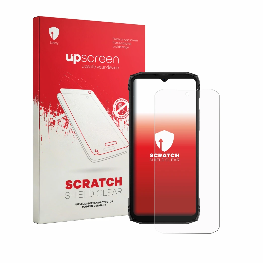 Front side of a product packaging with the brand logo upscreen. Next to it is the device Doogee Blade 10 Energy shown with the