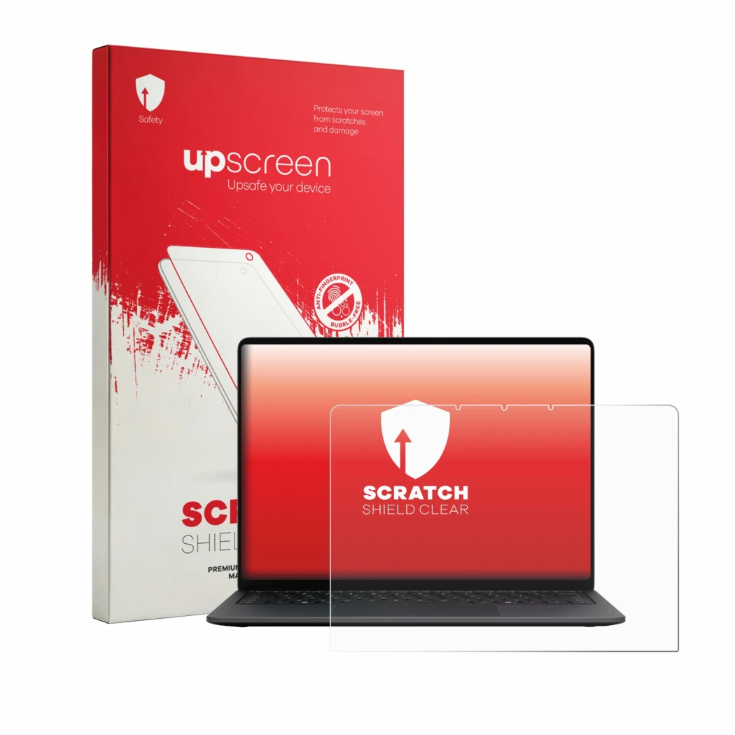 Front side of a product packaging with the brand logo upscreen. Next to it is the device Microsoft Surface Laptop 13.8