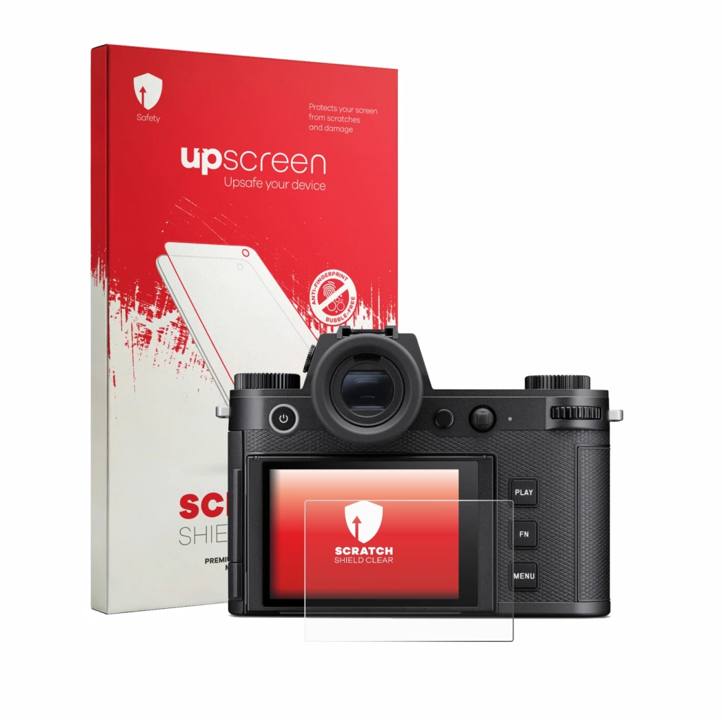 Front side of a product packaging with the brand logo upscreen. Next to it is the device Leica SL3-P shown with the correspond