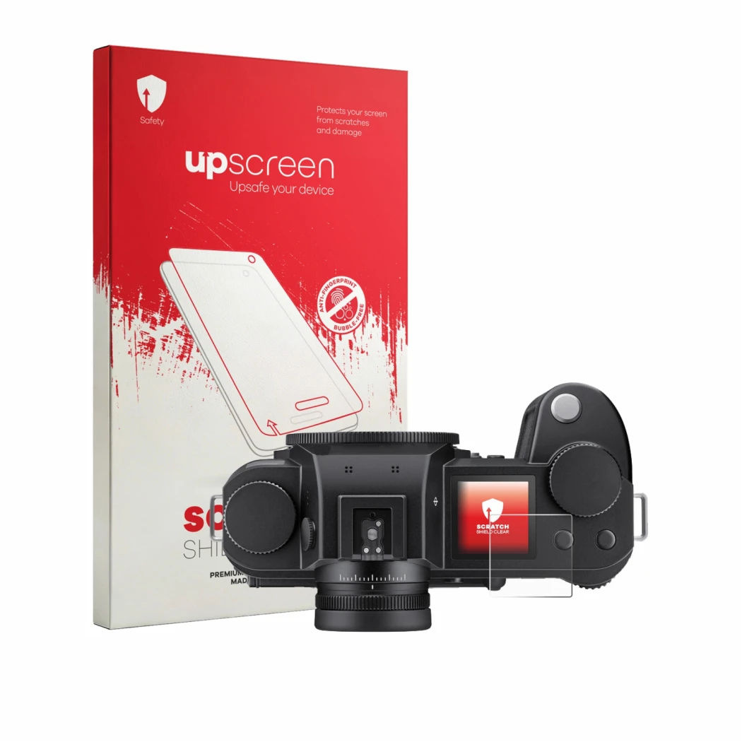 Front side of a product packaging with the brand logo upscreen. Next to it is the device Leica SL3-P (top plate display) shown