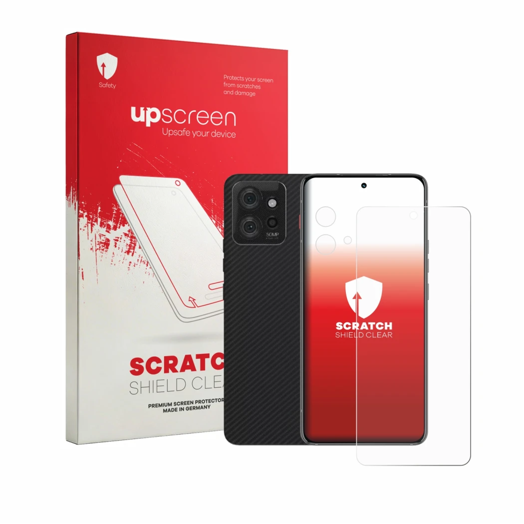 Front side of a product packaging with the brand logo upscreen. Next to it is the device Motorola ThinkPhone (Front+Camera) sh