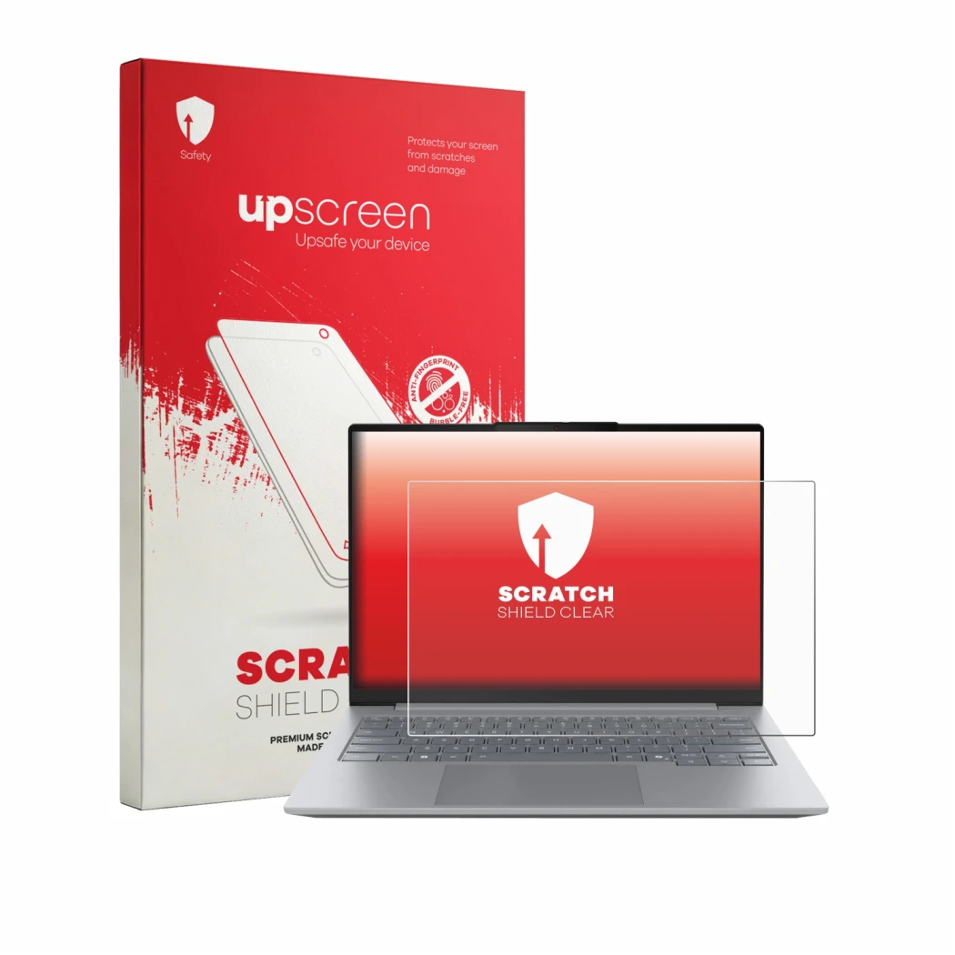 Front side of a product packaging with the brand logo upscreen. Next to it is the device Lenovo ThinkBook 14 Gen 9 shown with