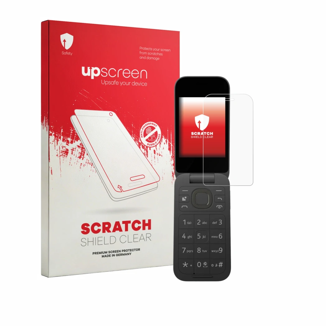 Front side of a product packaging with the brand logo upscreen. Next to it is the device HMD 2660 Flip 4G shown with the corre