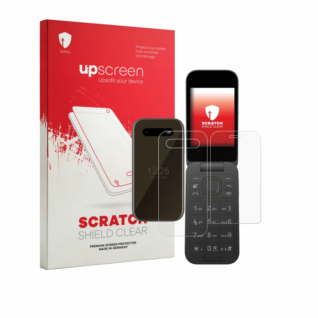 Front side of a product packaging with the brand logo upscreen. Next to it is the device HMD 2660 Flip 4G (Front+Back) shown w