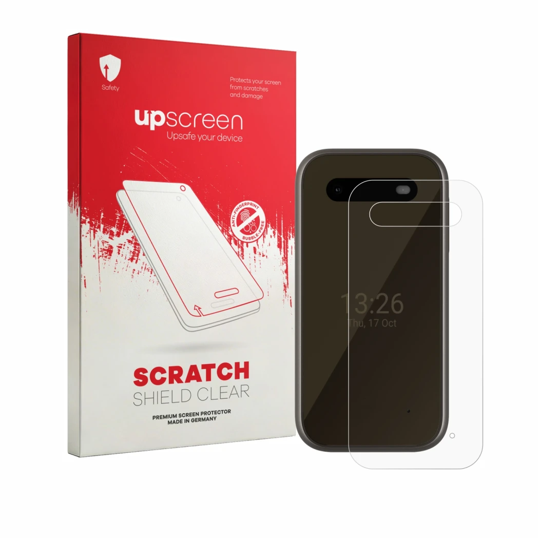 Front side of a product packaging with the brand logo upscreen. Next to it is the device HMD 2660 Flip 4G (Back) shown with th