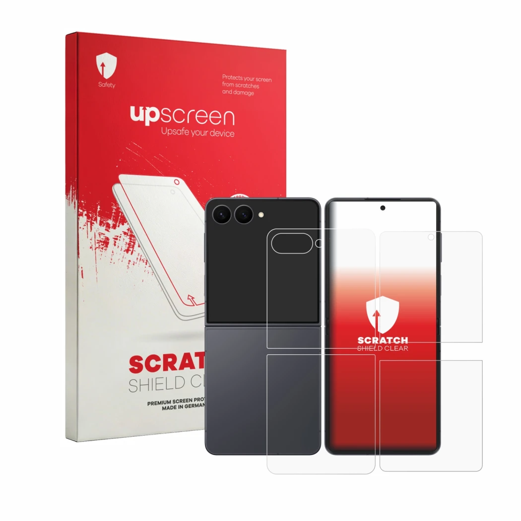 Front side of a product packaging with the brand logo upscreen. Next to it is the device Samsung Galaxy Z Flip 8 (Front+Back)