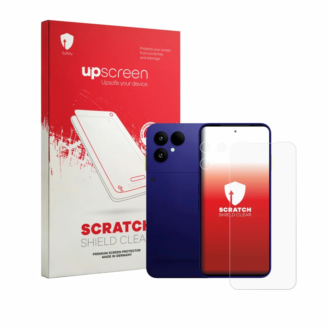 Front side of a product packaging with the brand logo upscreen. Next to it is the device Fairphone 6 Plus (Front+Camera) shown
