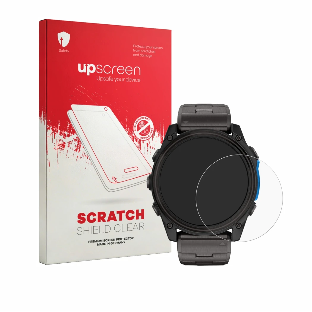 Front side of a product packaging with the brand logo upscreen. Next to it is the device Garmin D2 Mach 2 (51 mm) shown with t