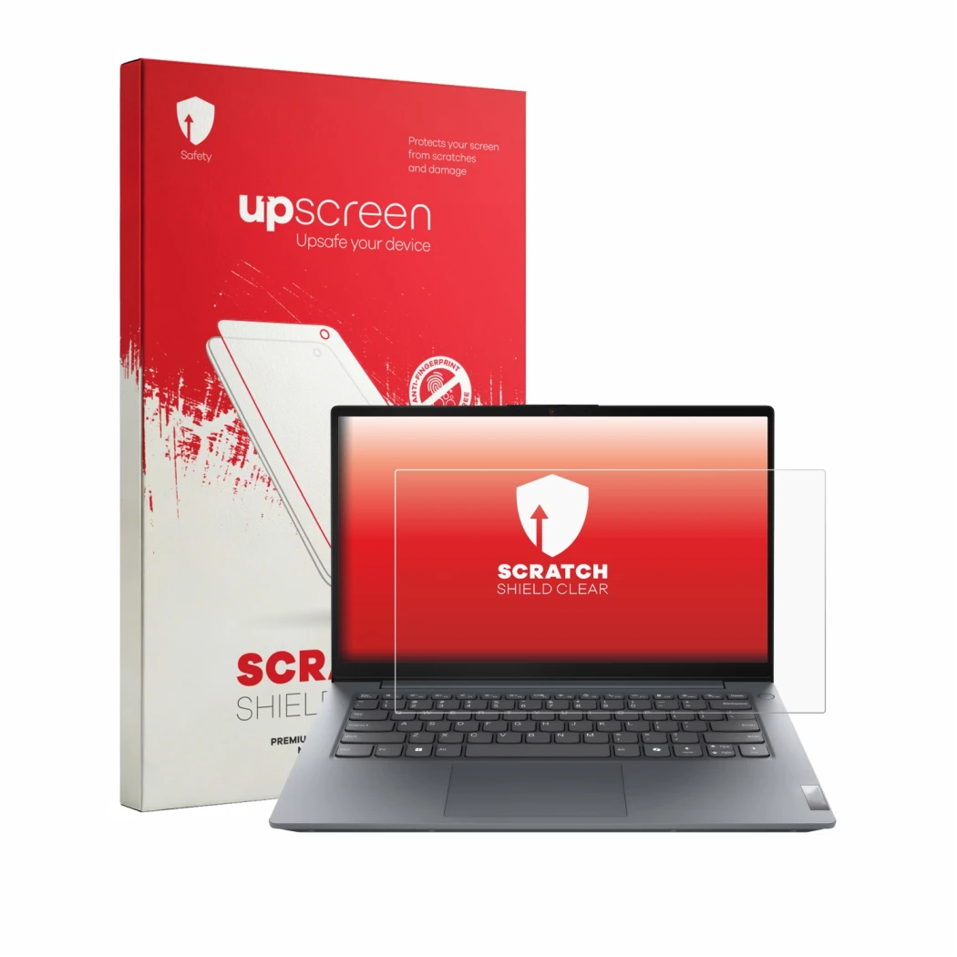 Front side of a product packaging with the brand logo upscreen. Next to it is the device Lenovo V14 Gen 6 shown with the corre