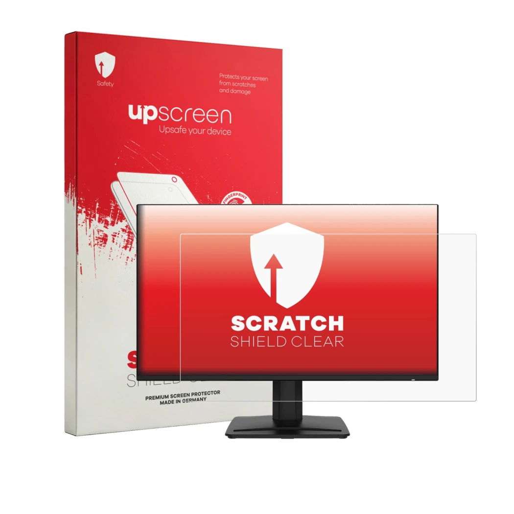 Front side of a product packaging with the brand logo upscreen. Next to it is the device MSI PRO MP243 shown with the correspo